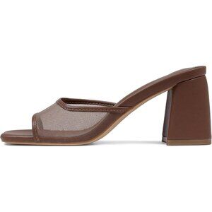 Women's Brown Mesh Slide Sandals Square Open Toe Mules Chunky Heels Slip Shoes